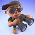 Cool black hiphop rapper birdwatching with some binoculars, 3d illustration