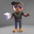 Cool black hiphop rapper gambles with a dice, 3d illustration