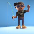 Cool black hiphop rapper relaxes by fishing, 3d illustration