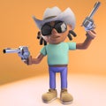 Cool black man with dreadlocks wearing cowboy hat and firing pistols, 3d illustration