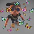 Cool black rapper in hip hop baseball cap surrounded by butterflies, 3d illustration