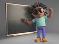 Cool black rastfarian man teaches at the blackboard in class, 3d illustration