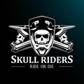 Cool black and white skulls in motocross helmets vector illustration for motorsport, mountain biking and other sports