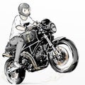 Cool boy riding his cafe racer carbon fiber motorcycle