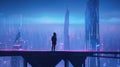 a cool brave anime girl standing on top of a modern cyberpunk city watching down and thinking about life, ai generated image Royalty Free Stock Photo
