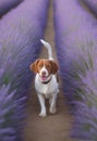 A Cool Brittany Spaniel exploring a lavender maze with rows of fragrant lavender stretching as far as the eye can see
