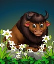 Cool Brown Buffalo With Rocks And White Ivy Flower Cartoon