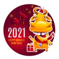 Happy Chinese New Year. 2021 year of the Ox. Cool Bull with christmas gift. Template poster, card, invitation for party with ox an