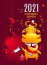 Happy Chinese New Year. 2021 year of the Ox. Cool bull in Santa hat without mask. Template poster, card, invitation for party with