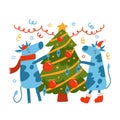 Cool bull and cow in a santa hat decorating Christmas tree. Symbol of 2021. Vector flat illustration. Bright illustration for Royalty Free Stock Photo
