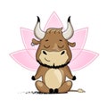 Cool bull doing yoga, sitting in lotus position. Symbol of 2021, year of the ox. Cartoon vector illustration