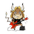 Cool bull plays red electric guitar. Musician at a concert. Cartoon symbol of 2021. Vector illustration