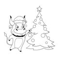 Cool bull in a santa hat decorating Christmas tree. Symbol of 2021. Vector illustration