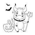 Cool bull wears halloween outfit. Cartoon happy halloween cute bull with pumpkin, bats and trident. Symbol of 2021. Vector