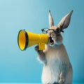 Cool Bunny holding and screaming into loudspeaker on blue background. Business Successful advertising .Attention