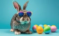 Cool bunny with sunglasses, multicolor easter eggs around, an isolated pastel background, copy space generative AI