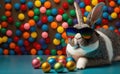 Cool bunny with sunglasses, multicolor eggs around, happy easter day, copy space generative AI