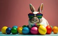 Cool bunny with sunglasses, multicolor eggs around, happy easter day, copy space generative AI