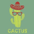 Cool cactus cartoon mascot icon with Mexican hat and eyeglasses