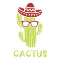 Cool cactus mascot cartoon vector icon with Mexican hat and eyeglasses on white background