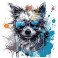 Cool Canine: An Anime-Style Dog with Sunglasses Striking a Pose with Splashes and Stripes for Posters and Web.