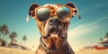 Cool Canine Boxer Dog with a Funny Face in Stylish Sunglasses Enjoying the Beach. Generative AI