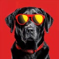 Cool Canine Chic: Black Dog in Red Sunglasses. Royalty Free Stock Photo