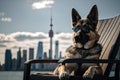 Cool canine chilling on rooftop with cityscape view, generative AI