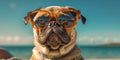 Cool Canine Pug Dog Wearing Sunglasses Displaying a Funny and Charming Expression by the Sea. Generative AI