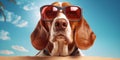 Cool Canine Smiling Beagle Dog in Sunglasses Shows off Its Funny Side at the Beach. Generative AI
