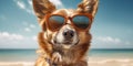Cool Canine Smiling Cardigan Welsh Corgi Dog in Sunglasses Striking a Pose on the Beach. Generative AI