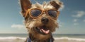 Cool Canine Smiling Scottish Terrier Dog in Sunglasses Posing with a Funny Expression on the Beach. Generative AI