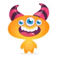 Cool cartoon alien with three eyes. Vector orange monster illustration. Halloween design,