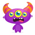 Cool cartoon alien with three eyes. Vector purple monster illustration. Halloween design.