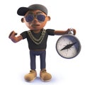 Cool cartoon black hiphop rap artist holding a compass, 3d illustration