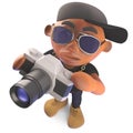 Cool cartoon black hiphop rapper taking a photo with a camera, 3d illustration