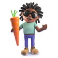 Cool cartoon black rastafarian man holding an organic carrot, 3d illustration