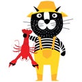 Cool cartoon cat like fisherman holding lobster.