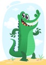 Cool cartoon crocodile or dinosaur. Vector illustration of a green crocodile waving and presenting Royalty Free Stock Photo