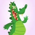 Cool cartoon crocodile or dinosaur. Vector illustration of a green crocodile waving and presenting Royalty Free Stock Photo