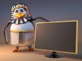 Cool cartoon 3d Egyptian penguin pharaoh Tutankhamun points to the new television, 3d illustration