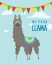 Cool cartoon doodle alpaca lettering quote with No prob llama. Funny wildlife animal on cactus background, lama quotes Royalty Free Stock Photo