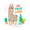 Cool alpaca lettering quote with No prob llama. Funny wildlife animal, lama quotes vector concept Royalty Free Stock Photo