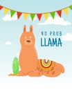 Cool cartoon doodle alpaca lettering quote with No prob llama. Funny wildlife animal on cactus background, lama quotes Royalty Free Stock Photo