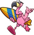 Cool cartoon flamingo with sunglasses walking and holding a surfboard Royalty Free Stock Photo