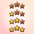 Cool cartoon game XP rating icons, level complete vector templates, wood GUI elements.