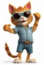 Cool cartoon ginger cat in blue shirts and blue shorts and sunglasses, standing on white background
