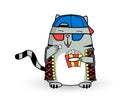 Cool cartoon gray cat mascot eat pop corn in cap, colorful vest, 3D glasses. Cute, funny striped pet character. Vector flat style Royalty Free Stock Photo