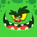 Cool Cartoon Green Monster Face. Vector Halloween illustration of excited zombie monster with wide smile. Royalty Free Stock Photo
