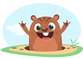 Cool cartoon marmot or chipmunk or humster in major hat waving his hands looking out of its borrow on spring background. Vector Royalty Free Stock Photo